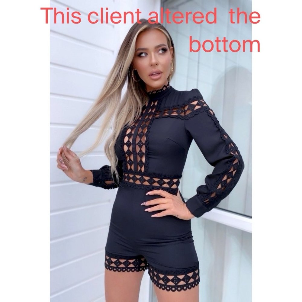 Black Long Sleeve High Neck Lace Trim Romper - Picture 4 of 11